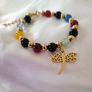 Gold Plated Stainless Steel Dubai Natural Beads Dragonfly Bracelet